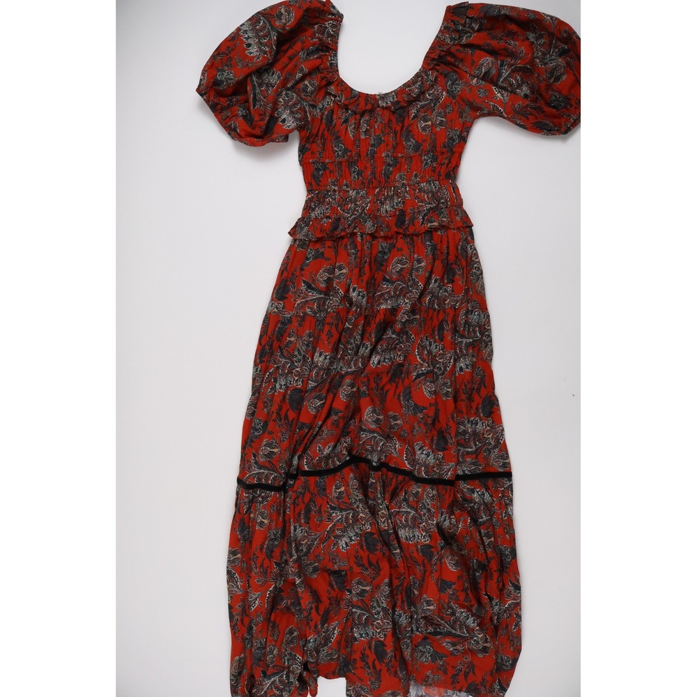 Ro's Garden Maxi Dress Paisley Red Floral XS Cotton Boho Tiered Puff Sleeve